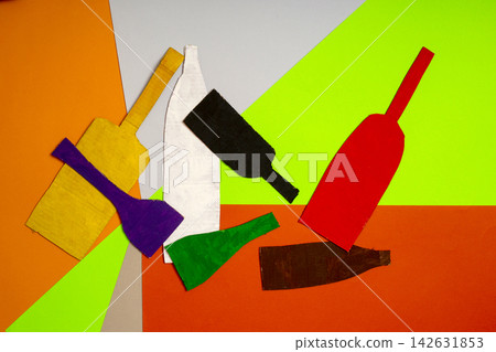 Abstract still life with cardboard cutout bottles on a colored background Abstract still life with cardboard cutout bottles on a colored background 142631853