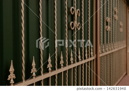 Ornate green metal gate with decorative gold details and pointed finials creates an elegant architectural pattern highlighting traditional craftsmanship, symmetry, texture, and historic visual appeal. 142631948
