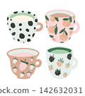 Cute Cozy Ceramic Mugs with Berry Fruit Tea Milk Hand Drawn Illustration Set 142632031