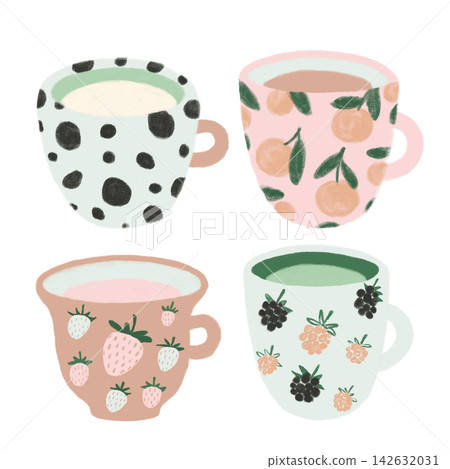 Cute Cozy Ceramic Mugs with Berry Fruit Tea Milk Hand Drawn Illustration Set Cute Cozy Ceramic Mugs with Berry Fruit Tea Milk Hand Drawn Illustration Set 142632031