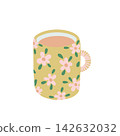 Cozy floral ceramic yellow mug vector illustration with herbal tea drink 142632032