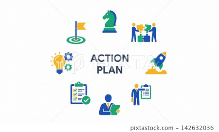 Action plan infographic with business icons on a white background Action plan infographic with business icons on a white background 142632036