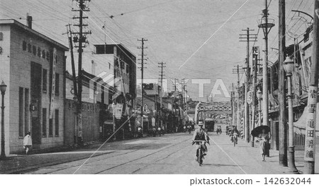 Vintage photograph, 1933-1945, Kanazawa, Saigawa Bridge viewed from Katamachi. Vintage photograph, 1933-1945, Kanazawa, Saigawa Bridge viewed from Katamachi. 142632044
