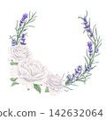 White Roses and Lavender Sprigs wreath on isolated background. Flower and leaves watercolor illustration with copy space. Elegant floral design for wedding invitations, romantic greeting cards 142632064