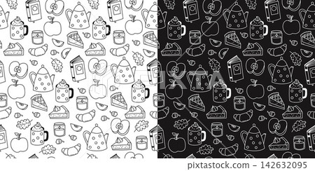 Autumn Seamless Pattern Doodle Set. Outline Cozy Fall with Teapot, Coffee Mug, Pieces of Pie, Croissant, Apples, Book, Candle on White and Black Background. Isolated Vector Illustration, Hand Drawn. Autumn Seamless Pattern Doodle Set. Outline Cozy Fall with Teapot, Coffee Mug, Pieces of Pie, Croissant, Apples, Book, Candle on White and Black Background. Isolated Vector Illustration, Hand Drawn. 142632095