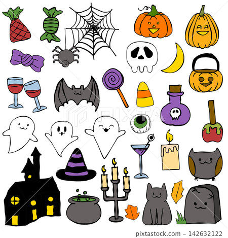 Cute Halloween clipart vector set with ghost black cat witch hat pumpkin haunted house candle autumn leaves coffee cauldron and potion doodle isolated on white 142632122