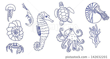 Set with hand drawn sea and ocean life elements. Vector doodle line art marine life objects for your design. Jellyfish, octopus, crab, sea horse, turtle, shell, coral. Vector illustration Set with hand drawn sea and ocean life elements. Vector doodle line art marine life objects for your design. Jellyfish, octopus, crab, sea horse, turtle, shell, coral. Vector illustration 142632201