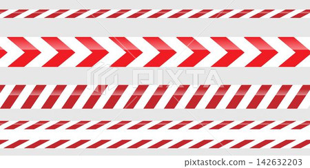 Set of red, white warning restriction or forbidden area tape, no entry, area under contruction, traffic accident, crime. Vector flat Set of red, white warning restriction or forbidden area tape, no entry, area under contruction, traffic accident, crime. Vector flat 142632203
