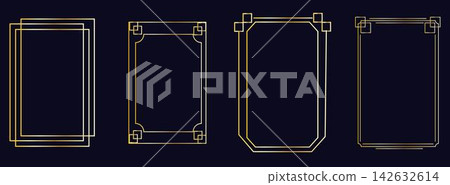 Golden frame set, thin line gold borders in art deco style. Luxury premium vector outline geometric rectangle. Linear decorative banners Golden frame set, thin line gold borders in art deco style. Luxury premium vector outline geometric rectangle. Linear decorative banners 142632614