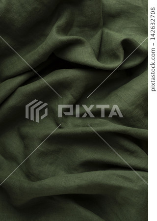 Crumpled Olive Green Linen Fabric Background Crumpled Olive Green Linen Fabric Background 142632708