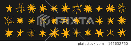 Crayon star icon set. Children draw twinkling stars and starfish. Pens asterisk illustration. Vector design Crayon star icon set. Children draw twinkling stars and starfish. Pens asterisk illustration. Vector design 142632760