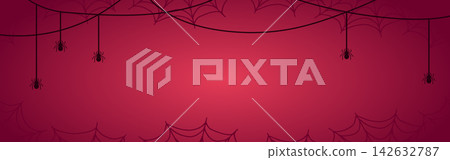 Spider border. Sinister spider with web. Minimalist vector background for Halloween wallpaper, card, and concept layouts Spider border. Sinister spider with web. Minimalist vector background for Halloween wallpaper, card, and concept layouts 142632787