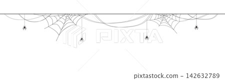 Spider border. Spider hanging from spiderwebs. Halloween background. Vector flat illustration Spider border. Spider hanging from spiderwebs. Halloween background. Vector flat illustration 142632789
