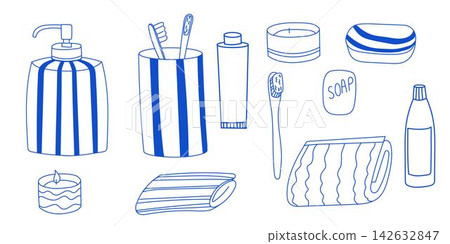 Doodle set with bath accessories. Linear blue illustration of bucket, soap, towels, shampoo and candle, toothbrush, toothpaste, shampo and other element Doodle set with bath accessories. Linear blue illustration of bucket, soap, towels, shampoo and candle, toothbrush, toothpaste, shampo and other element 142632847