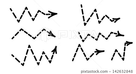 Dotted arrow icons, black dot direction symbol, dotted pointer, zig zag arrow right direction. Vector flat set arrow Dotted arrow icons, black dot direction symbol, dotted pointer, zig zag arrow right direction. Vector flat set arrow 142632848