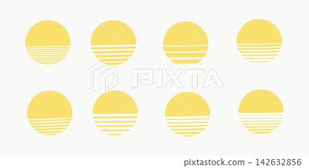 Set of suns, logo design vrector flat, graphic sunrise icon isolated, nature landsca[e Set of suns, logo design vrector flat, graphic sunrise icon isolated, nature landsca[e 142632856