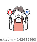 An illustration of a woman wearing an apron and holding panels with circles and crosses. 142632993
