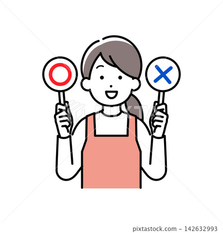 An illustration of a woman wearing an apron and holding panels with circles and crosses. 142632993