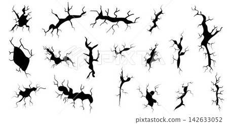 Cracks vector illustration set. black cracks fracture, cleft broken cracked collapse, earthquake crash destruction effect, holes on rock land ground or wall surface Cracks vector illustration set. black cracks fracture, cleft broken cracked collapse, earthquake crash destruction effect, holes on rock land ground or wall surface 142633052