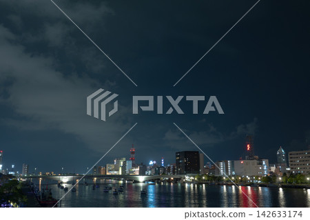 The nighttime cityscape of Niigata and the night view of the Ryuto Ohashi Bridge over the Shinano River. The nighttime cityscape of Niigata and the night view of the Ryuto Ohashi Bridge over the Shinano River. 142633174