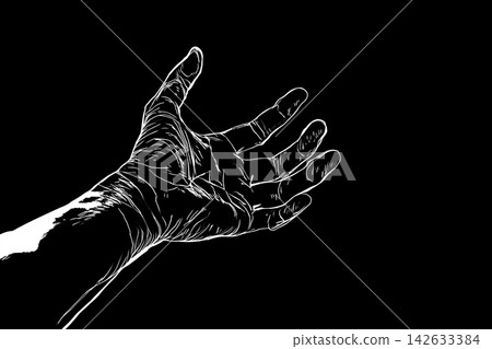 High-contrast drawing of an outstretched hand against a dark background High-contrast drawing of an outstretched hand against a dark background 142633384