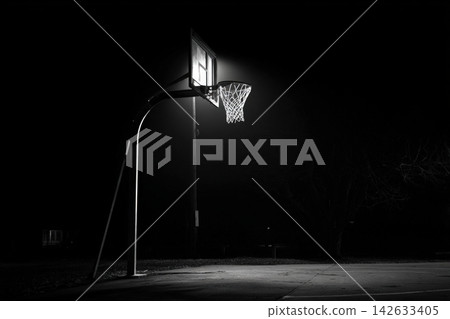 Perfectly centered basketball hoop shot taken at a quiet outdoor court at night Perfectly centered basketball hoop shot taken at a quiet outdoor court at night 142633405
