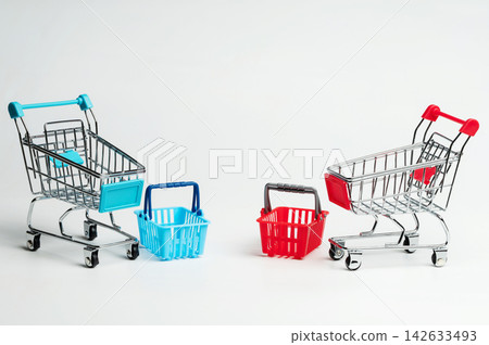Blue and red shopping basket and trolleys Blue and red shopping basket and trolleys 142633493