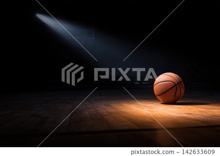 Basketball on gym floor illuminated by single spotlight at night Basketball on gym floor illuminated by single spotlight at night 142633609