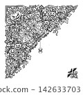 Ornate Halloween corner frame with carved jack-o-lantern pumpkins, spider webs, leaves and baroque scrollwork vector outline 142633703