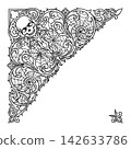 Ornate gothic Halloween corner frame with human skull, spider webs and baroque scrollwork vector outline 142633786