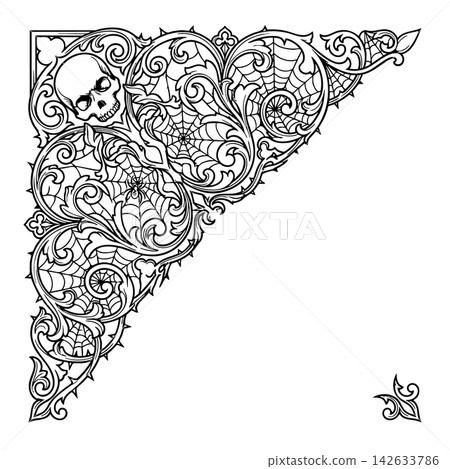 Ornate gothic Halloween corner frame with human skull, spider webs and baroque scrollwork vector outline Ornate gothic Halloween corner frame with human skull, spider webs and baroque scrollwork vector outline 142633786