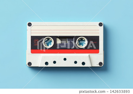 Retro cassette tape on a blue background showcasing vintage design details Retro cassette tape on a blue background showcasing vintage design details 142633893