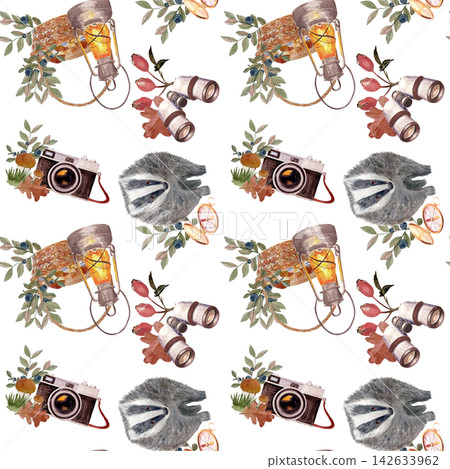 Badger, vintage lantern, binoculars, retro camera, leaves, berries seamless watercolor pattern with on white. Cozy woodland exploration design, perfect for fabric prints, stationery, gift wrap, autumn Badger, vintage lantern, binoculars, retro camera, leaves, berries seamless watercolor pattern with on white. Cozy woodland exploration design, perfect for fabric prints, stationery, gift wrap, autumn 142633962