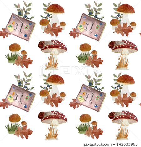 Travel journal, mushrooms, oak leaves, blueberry branches watercolor seamless pattern isolated on white. Hand-painted autumn design ideal for fabric, stickers, wrapping paper, seasonal stationery Travel journal, mushrooms, oak leaves, blueberry branches watercolor seamless pattern isolated on white. Hand-painted autumn design ideal for fabric, stickers, wrapping paper, seasonal stationery 142633963