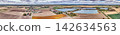 Aerial panorama of Hessenaue lakes and farmland in Hesse Germany 142634563