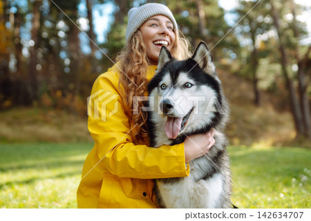Woman with her husky dog walks in autumn forest. A cheerful pet spends time with its owner outdoors. 142634707