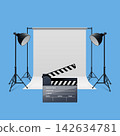 Empty photo studio with clapperboard and lights vector illustration 142634781