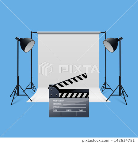 Empty photo studio with clapperboard and lights vector illustration 142634781
