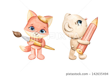 Cute watercolor cartoon characters. A fox artist with a large brush and a beret. A teddy bear with a pencil writes. Hand-drawn pastel-colored toys for design. Suitable for kindergarten and school. Cute watercolor cartoon characters. A fox artist with a large brush and a beret. A teddy bear with a pencil writes. Hand-drawn pastel-colored toys for design. Suitable for kindergarten and school. 142635494