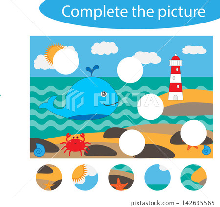 Complete the puzzle and find the missing parts of the picture, ocean life, fun education game for children, preschool worksheet activity for kids, task for the development of logical thinking, vector Complete the puzzle and find the missing parts of the picture, ocean life, fun education game for children, preschool worksheet activity for kids, task for the development of logical thinking, vector 142635565