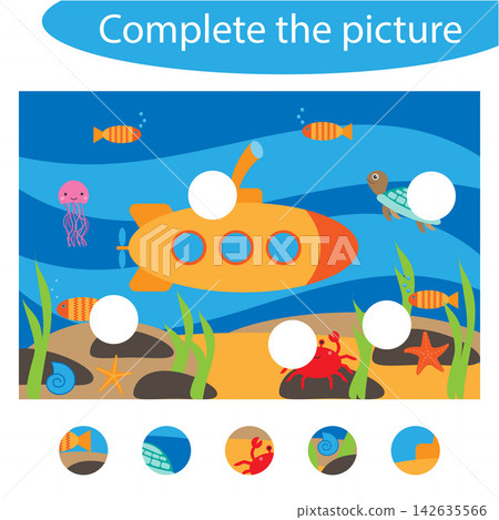 Complete the puzzle and find the missing parts of the picture, underwater, fun education game for children, preschool worksheet activity for kids, task for the development of logical thinking, vector Complete the puzzle and find the missing parts of the picture, underwater, fun education game for children, preschool worksheet activity for kids, task for the development of logical thinking, vector 142635566