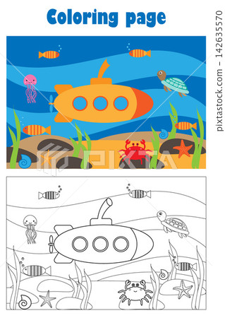 Submarine under water in cartoon style, summer coloring page, education paper game for the development of children, kids preschool activity, printable worksheet, vector illustration Submarine under water in cartoon style, summer coloring page, education paper game for the development of children, kids preschool activity, printable worksheet, vector illustration 142635570