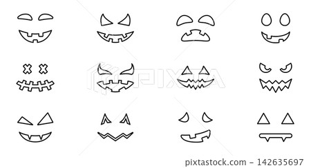 Halloween Pumpkin Faces Line Icon Set. Spooky Jack-O-Lantern Expressions Outline Symbol Collection. Festive Decoration, Scary Faces, And Holiday. Editable Stroke. Isolated Vector Illustration Halloween Pumpkin Faces Line Icon Set. Spooky Jack-O-Lantern Expressions Outline Symbol Collection. Festive Decoration, Scary Faces, And Holiday. Editable Stroke. Isolated Vector Illustration 142635697