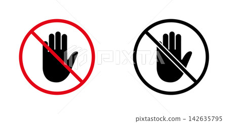 Stop Hand Sign Solid Icon Set. Prohibition, Restriction, And Warning Silhouette Symbol Collection. Safety And Security Indication. Isolated Vector Illustration 142635795