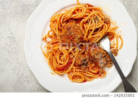 spaghetti with meatballs in tomato sauce, on a white plate, no people, homemade, spaghetti with meatballs in tomato sauce, on a white plate, no people, homemade, 142635801