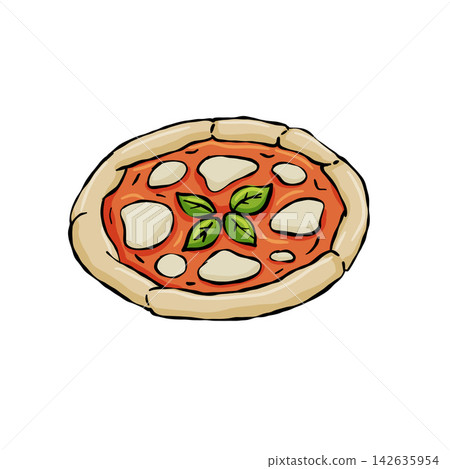 Margherita pizza doodle, hand drawn sketch with tomato sauce cheese and basil leaves, italian food icon. Round pie contour in simple cartoon style, tasty topping. Pizza doodle sketch sign 142635954