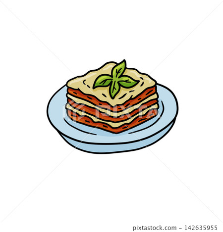 Lasagna doodle, layered pasta slice sketch with red sauce and green basil leaves on plate, italian food icon. Tasty dish contour in simple cartoon style, warm meal. Lasagna doodle sign Lasagna doodle, layered pasta slice sketch with red sauce and green basil leaves on plate, italian food icon. Tasty dish contour in simple cartoon style, warm meal. Lasagna doodle sign 142635955