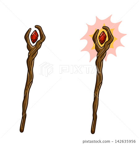 Magic staff set, wooden wand with red crystal gem, glowing enchanted version. Fantasy wizard druid nature magic weapons, mystical forest artifacts. Magic staff 142635956