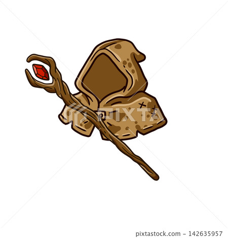 Hooded tattered cloak with magic wooden staff and red crystal. Fantasy wizard druid medieval costume, brown worn robe with branch staff. Fantasy cloak set Hooded tattered cloak with magic wooden staff and red crystal. Fantasy wizard druid medieval costume, brown worn robe with branch staff. Fantasy cloak set 142635957