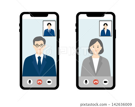 一組插圖，展示了視訊會議期間的手機螢幕。 142636009